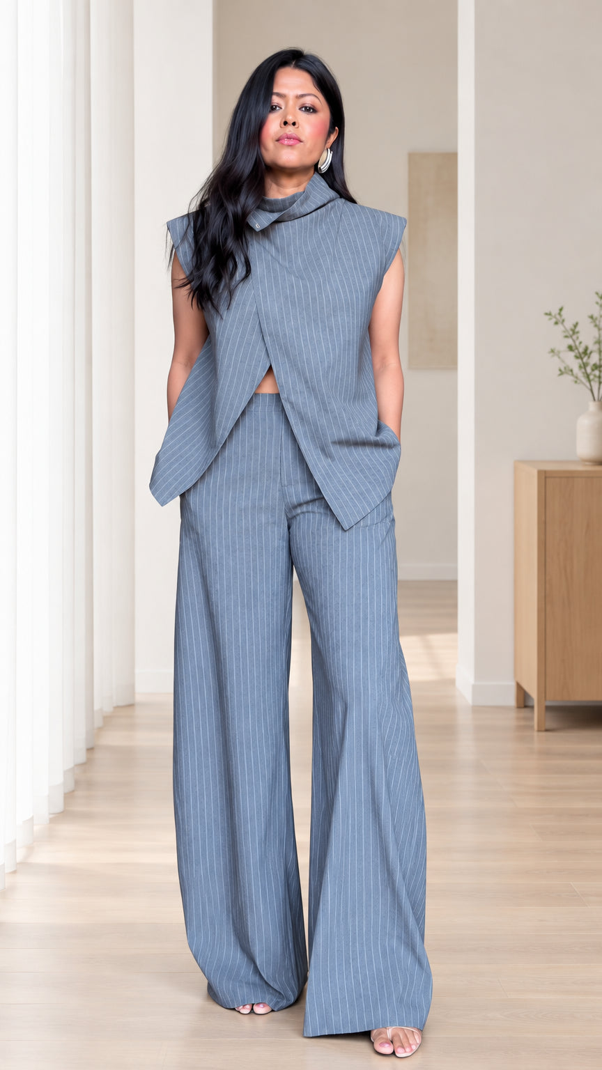 Women's slate blue pinstripe sleeveless asymmetric top and wide-leg pant set front view