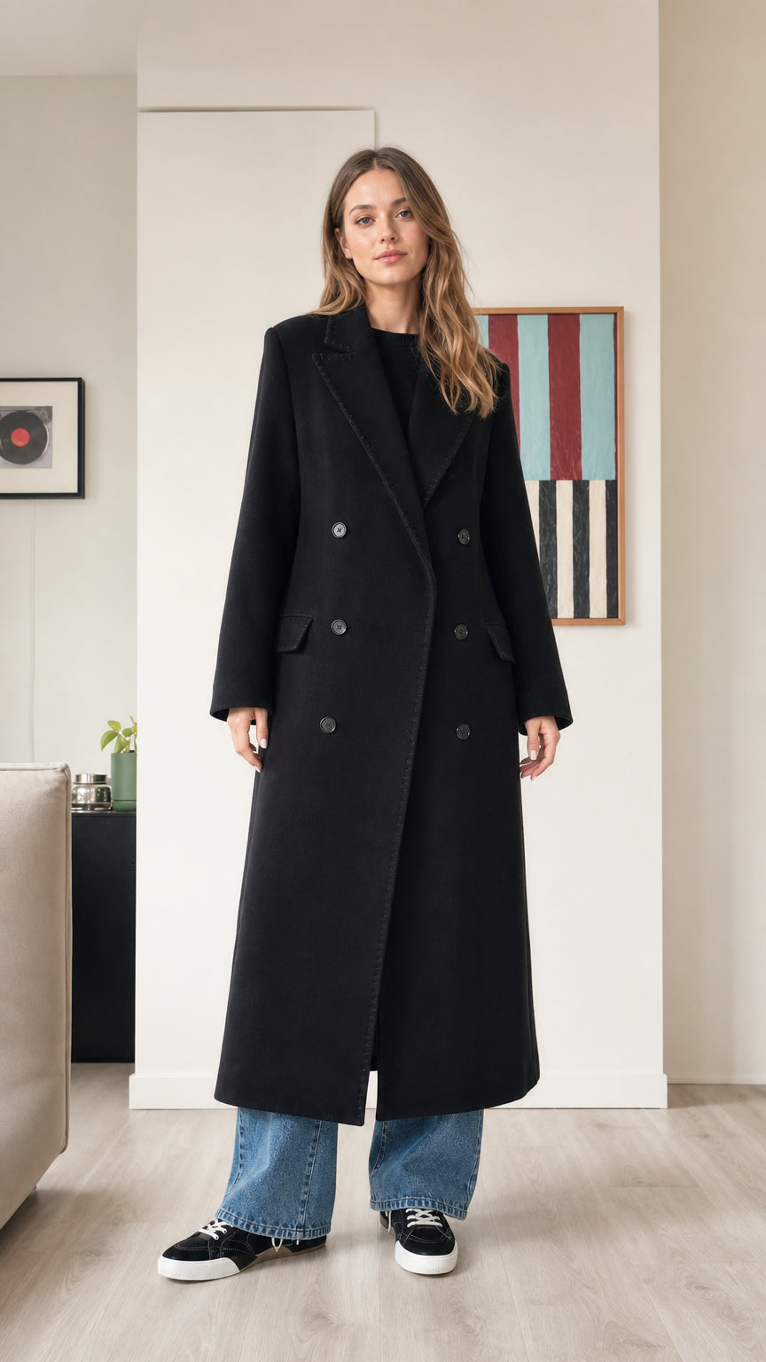 Front view of woman wearing long black double-breasted tailored maxi coat