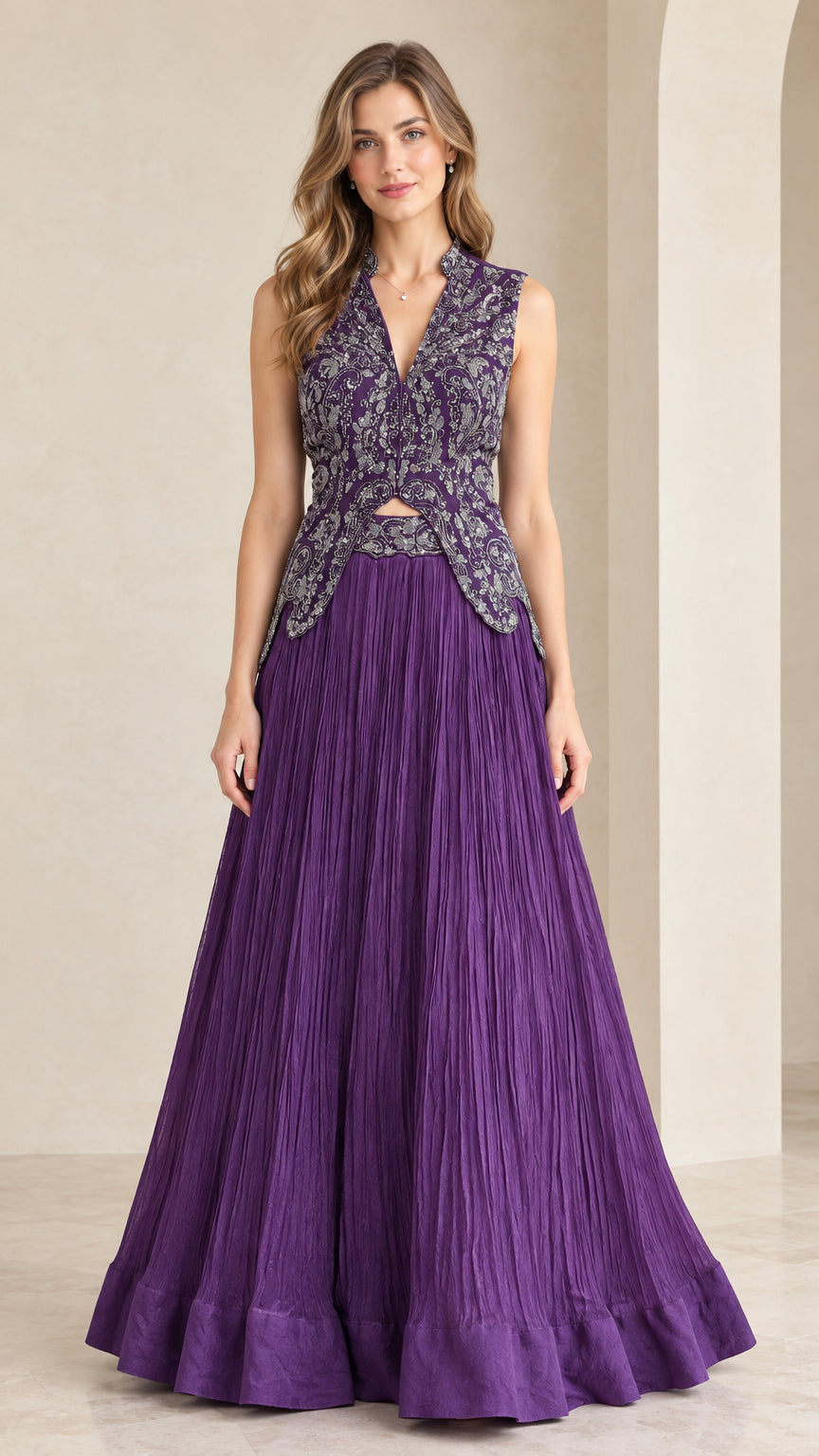 Front view of woman wearing purple embroidered high neck maxi gown set