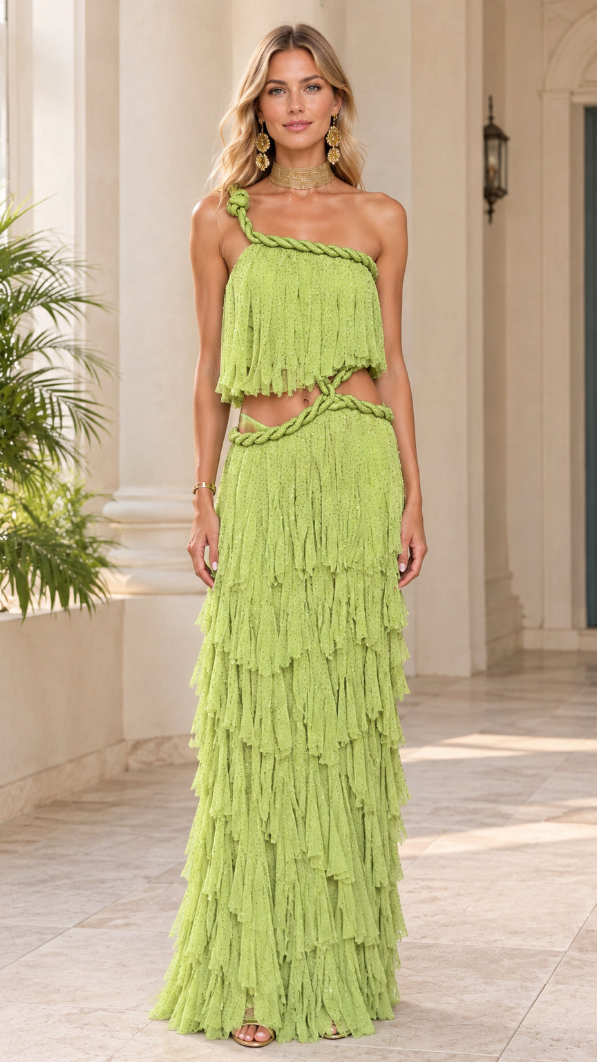 Full front view of model wearing lime green one-shoulder tiered ruffle cutout maxi dress