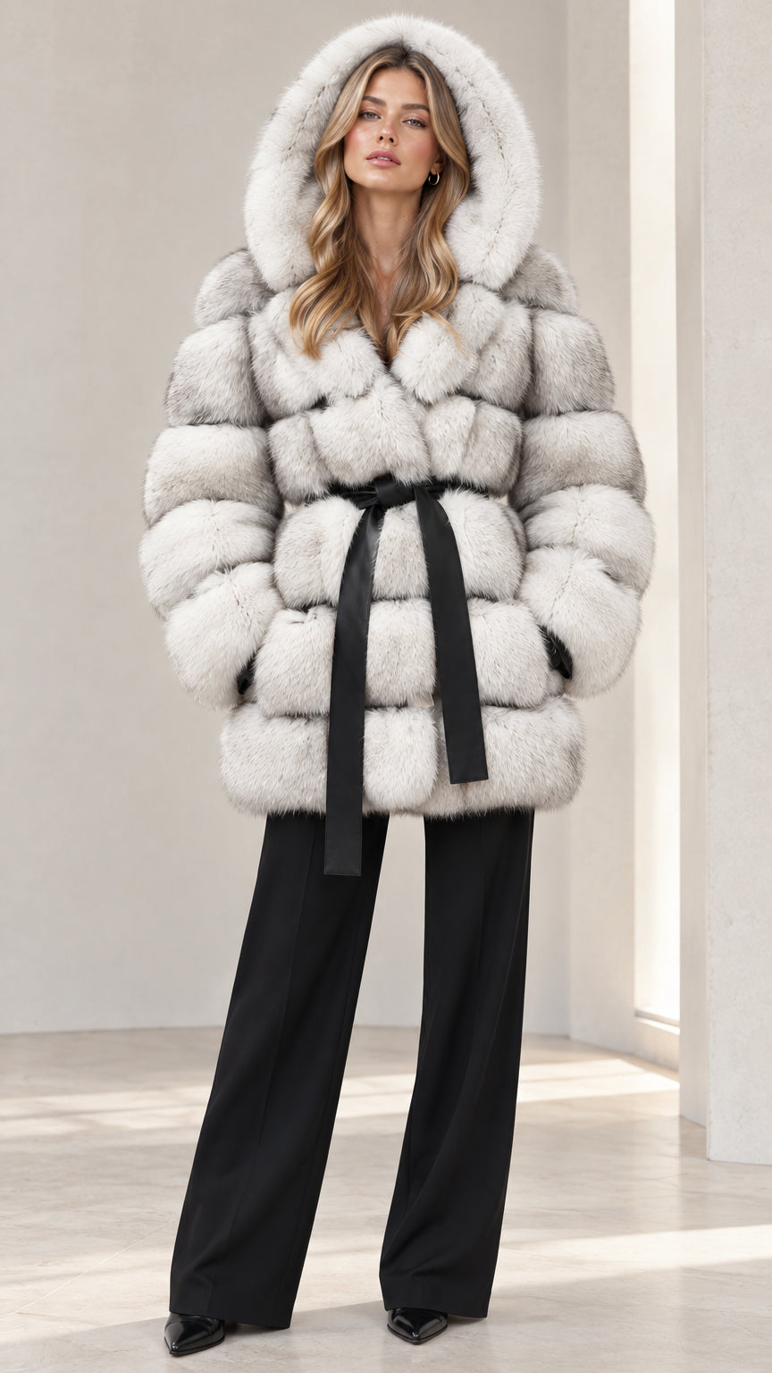 Front view of woman wearing Light Grey hooded belted faux fur coat with black trousers