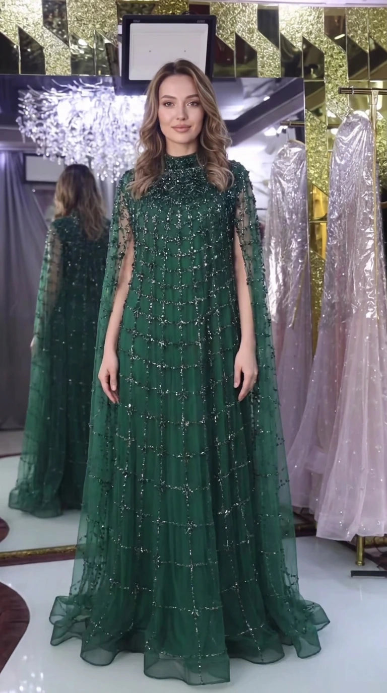 Emerald green beaded cape sleeve formal evening gown front view