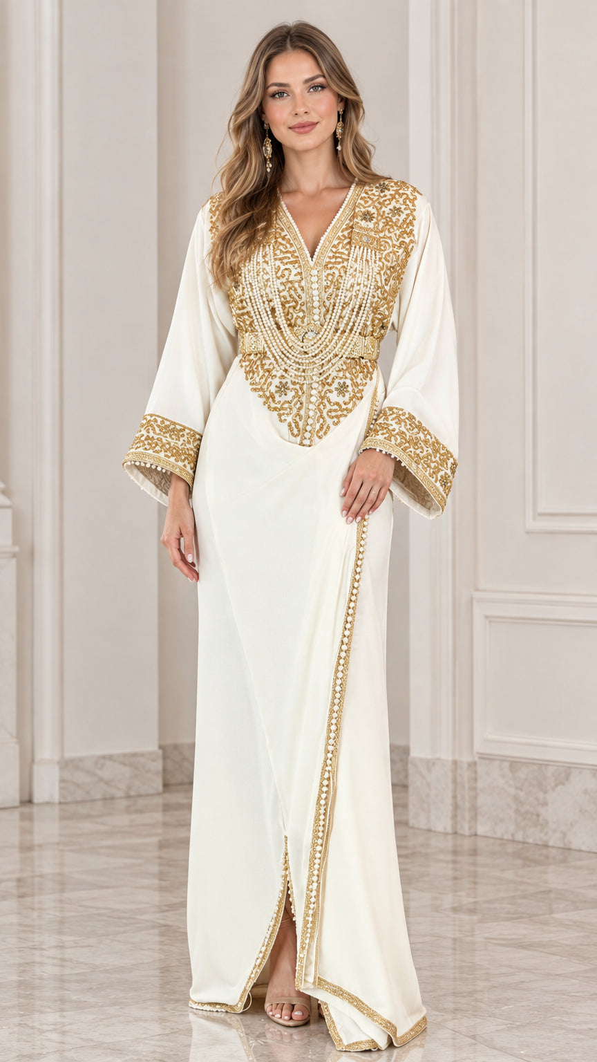 Full front view of model wearing white kaftan maxi dress with gold embroidery