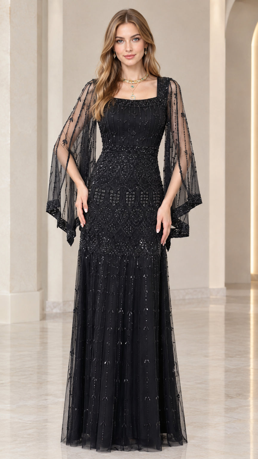 Front view of model wearing black beaded square neck maxi evening gown with split bell sleeves