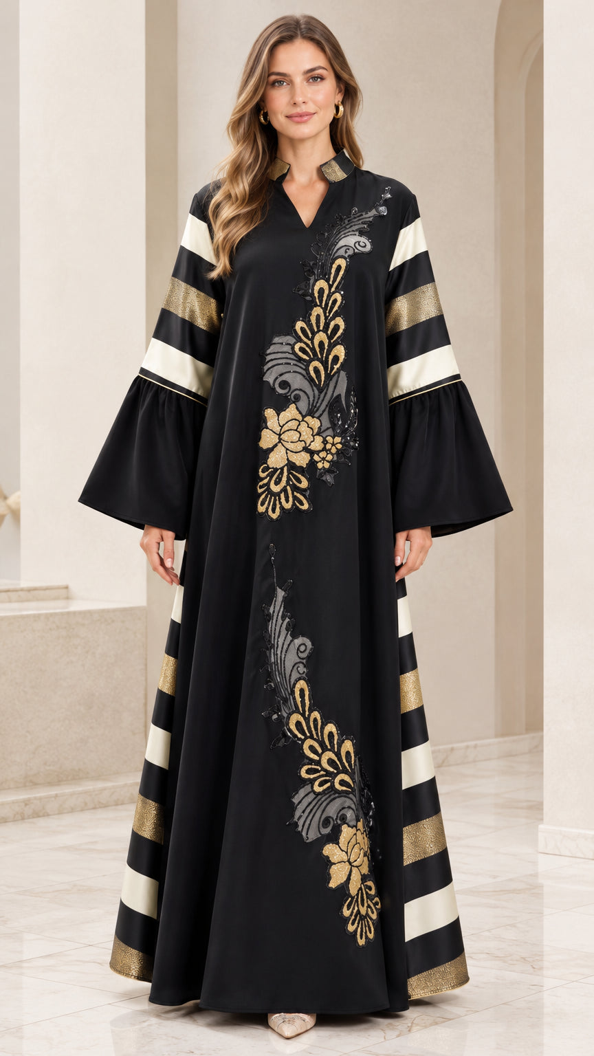 Front full-length view of black embroidered bell sleeve maxi abaya dress