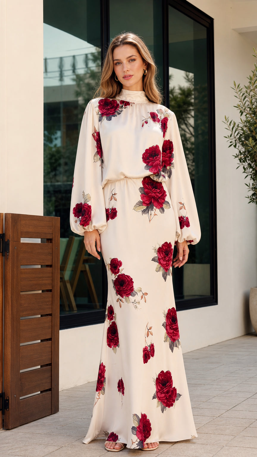 Full-length front view of woman wearing cream floral print high-neck maxi dress with long bishop sleeves