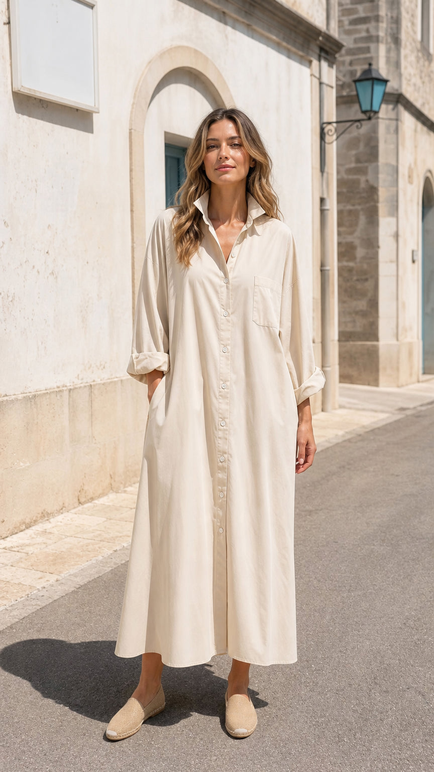 Front view of woman wearing beige long sleeve button-down maxi shirt dress