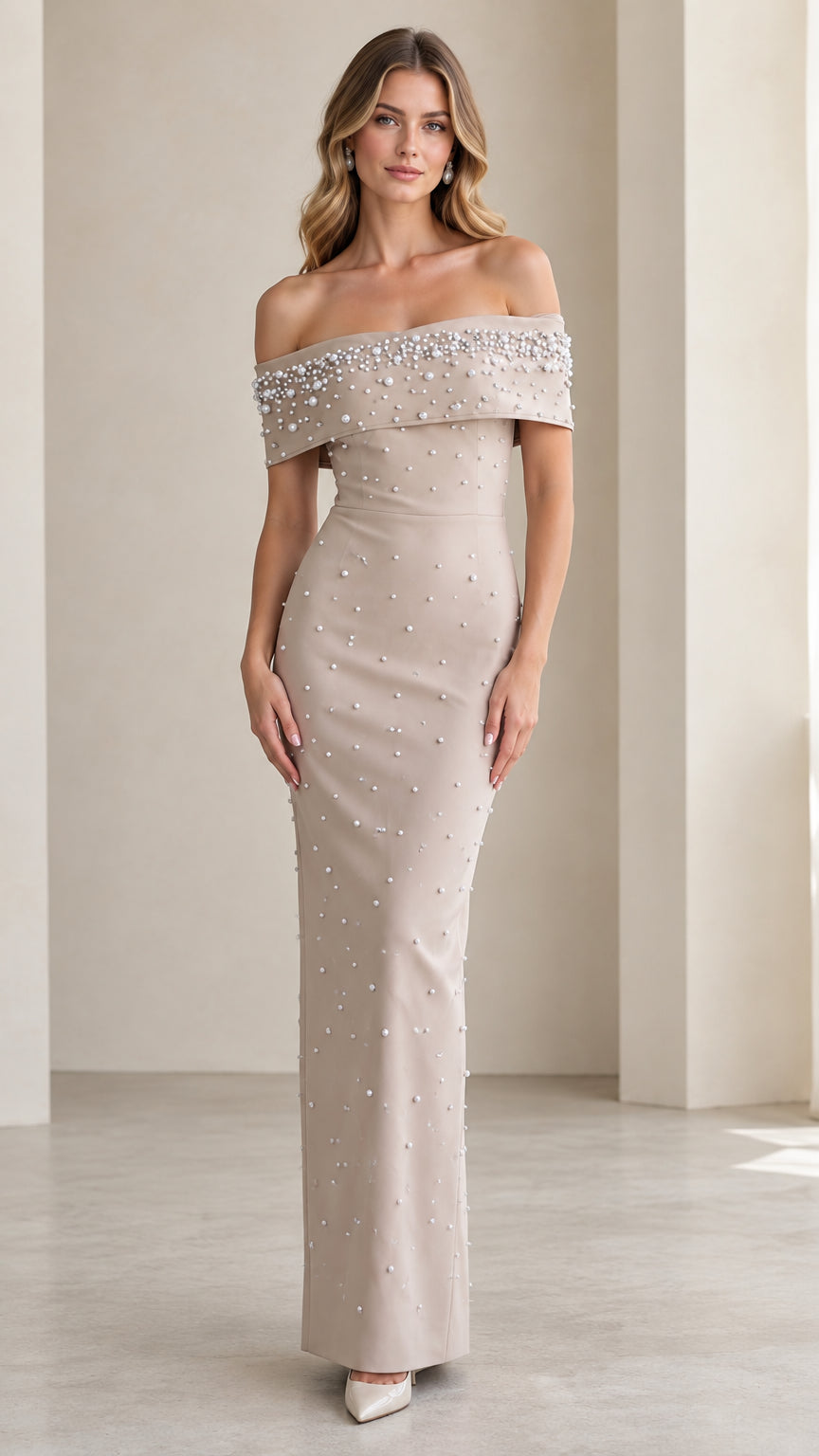 Front view of Champagne pearl embellished off-the-shoulder column evening maxi dress