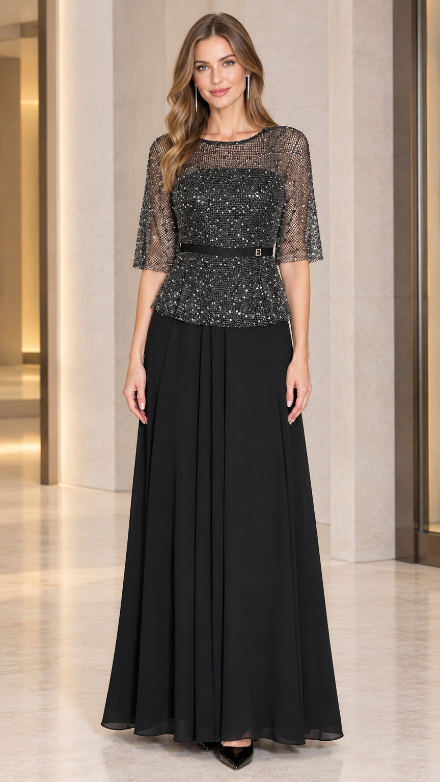 Front view of woman wearing black sequin mesh half sleeve maxi evening dress