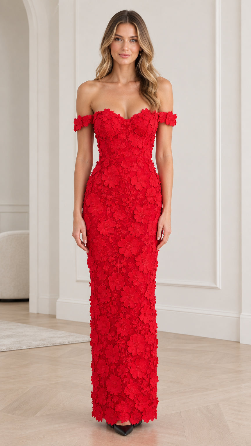 Red off-the-shoulder 3D floral lace maxi gown front view