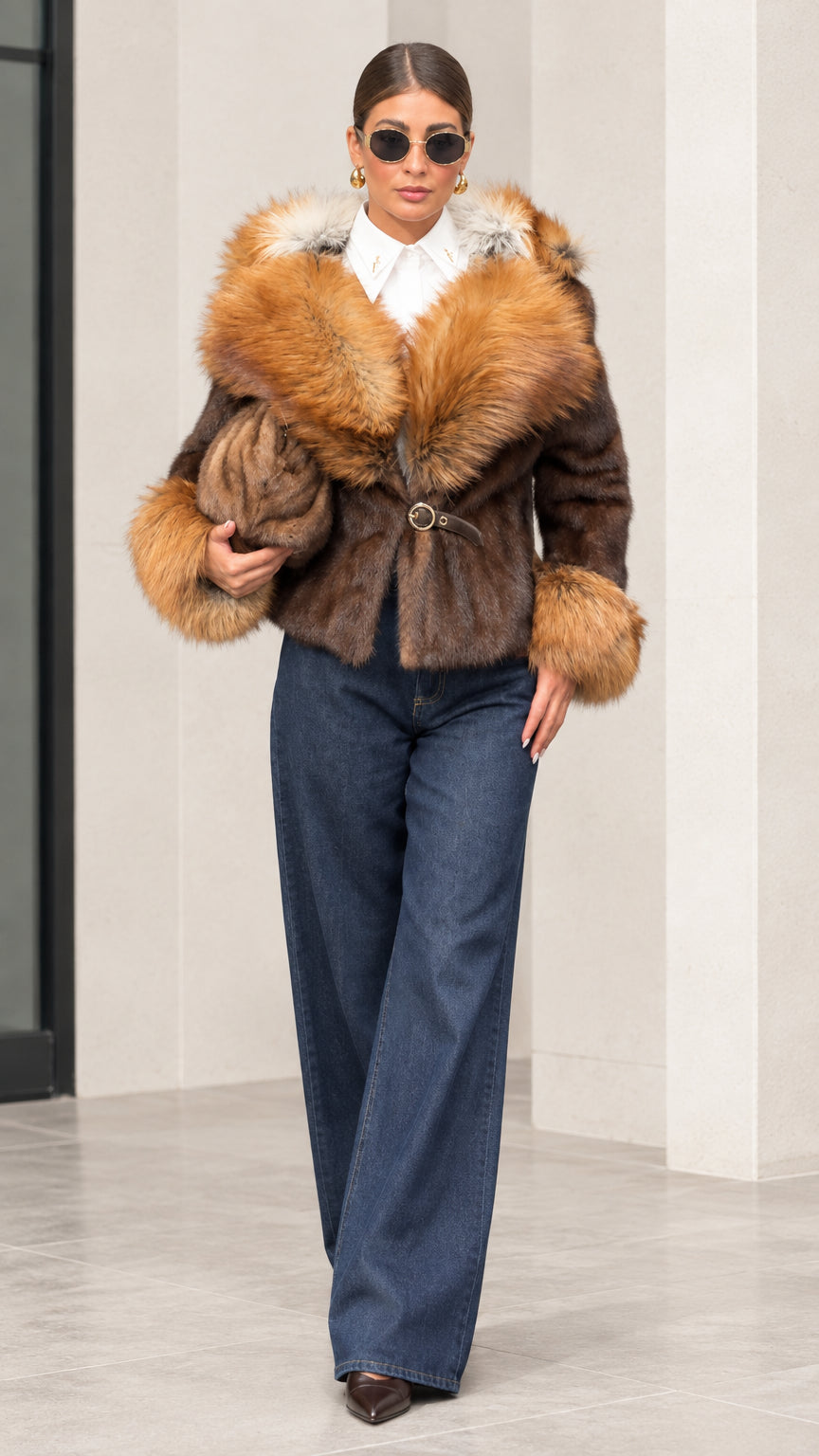 Front full view of woman wearing brown plush short jacket with voluminous camel faux fur collar and cuffs