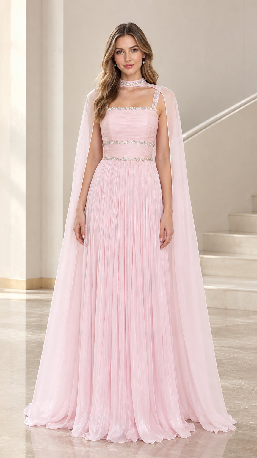 Front view of Light Pink chiffon evening gown with crystal trim and attached cape