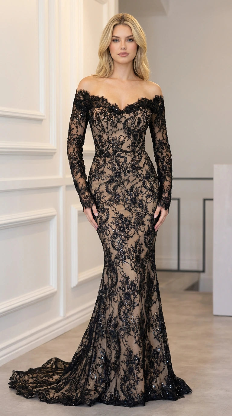 Front view of model in black sequin lace mermaid gown over nude lining