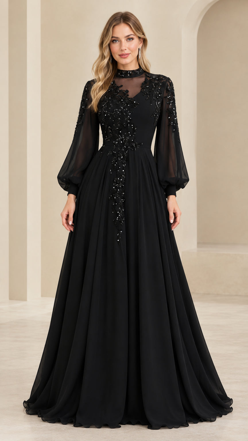 Full front view of black sequin embroidered illusion neckline long sleeve evening gown