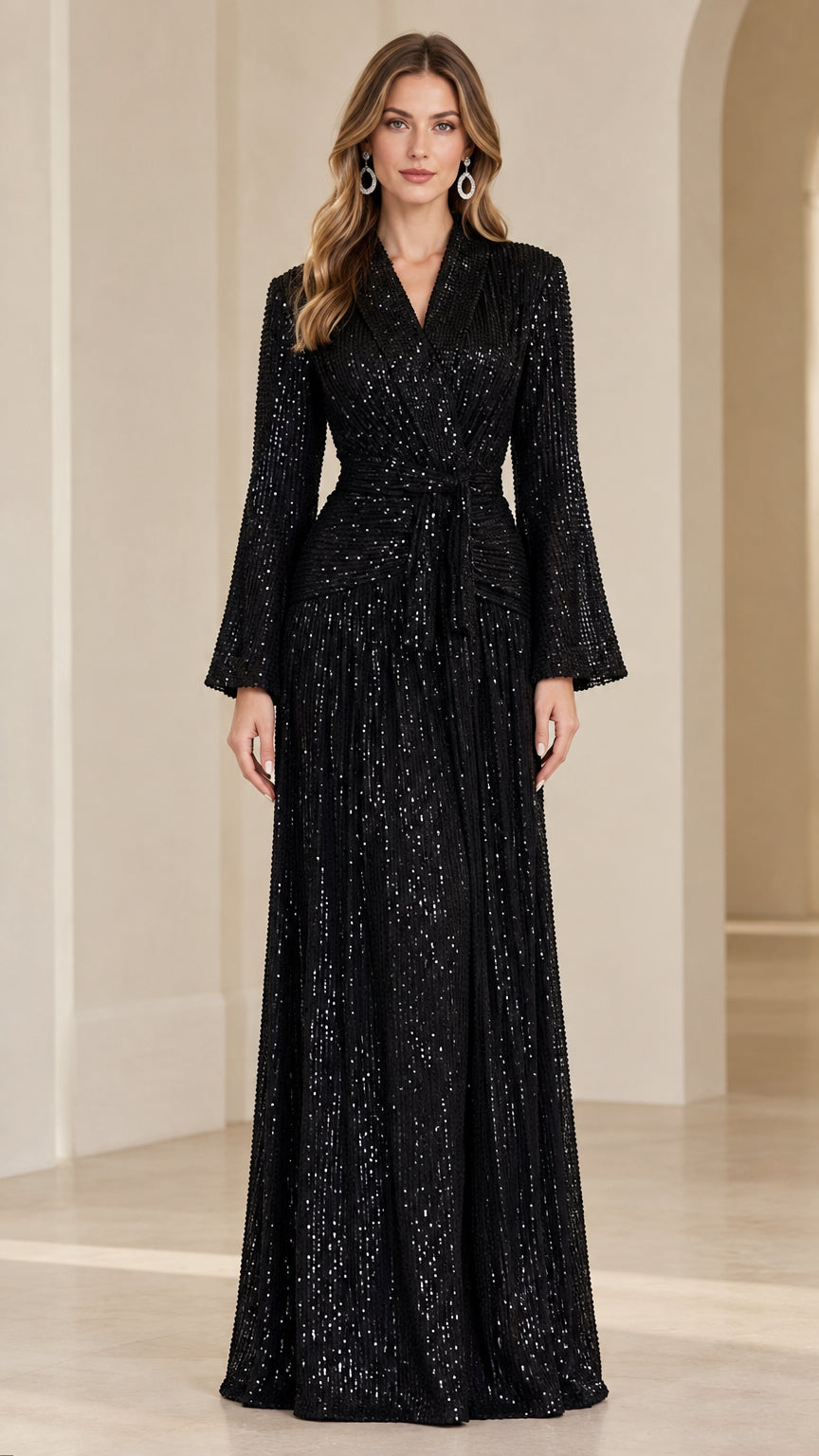Front view of model wearing black long-sleeve sequin wrap maxi dress