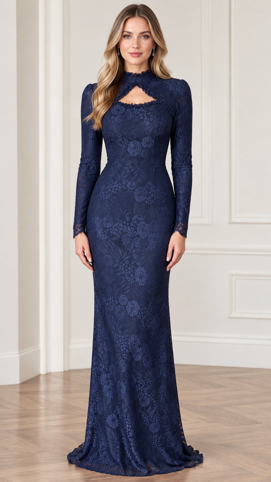 Front full-length view of navy blue long sleeve floral lace evening gown with keyhole cutout