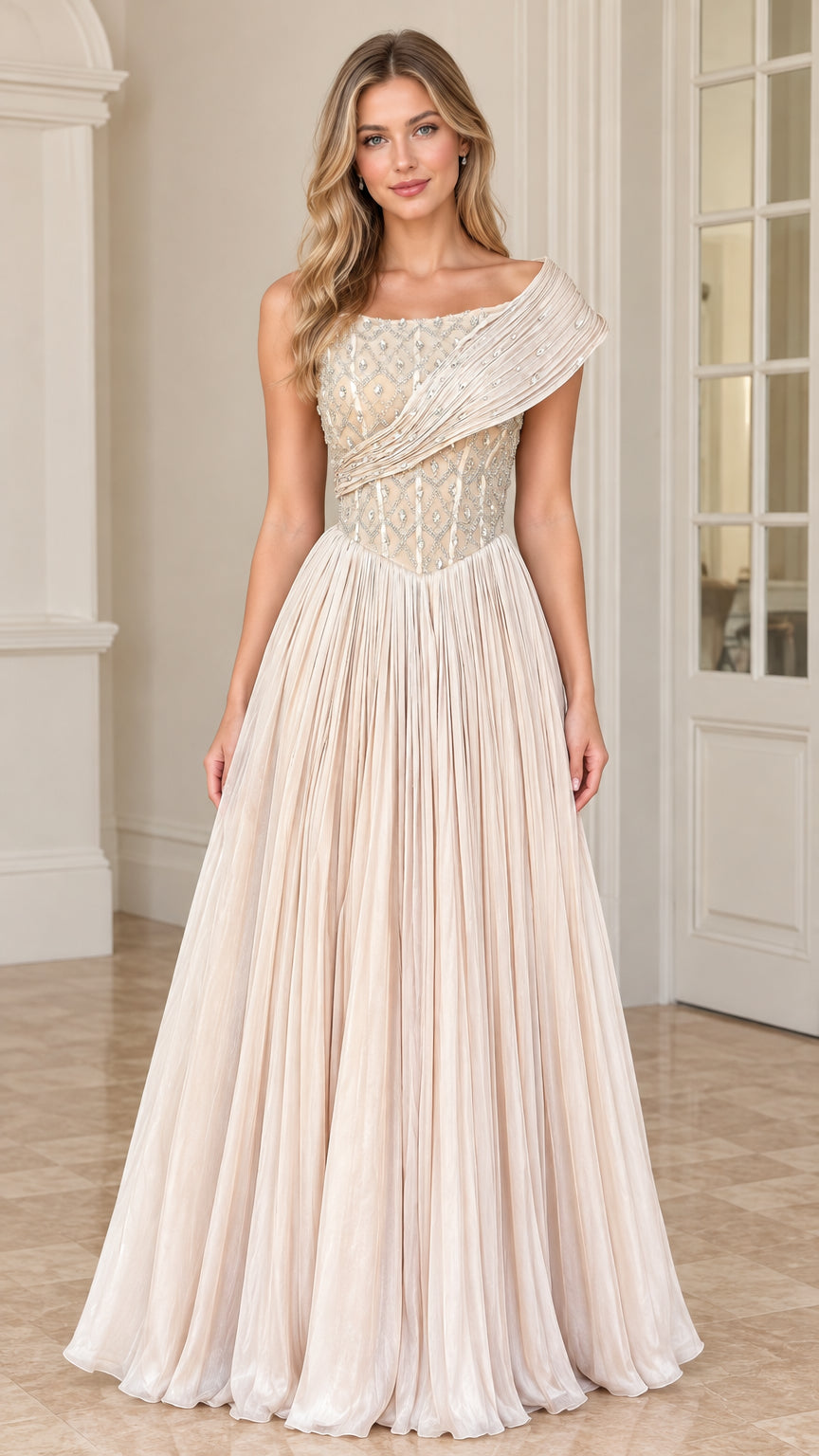 Front view of model wearing Champagne one-shoulder pleated beaded evening gown