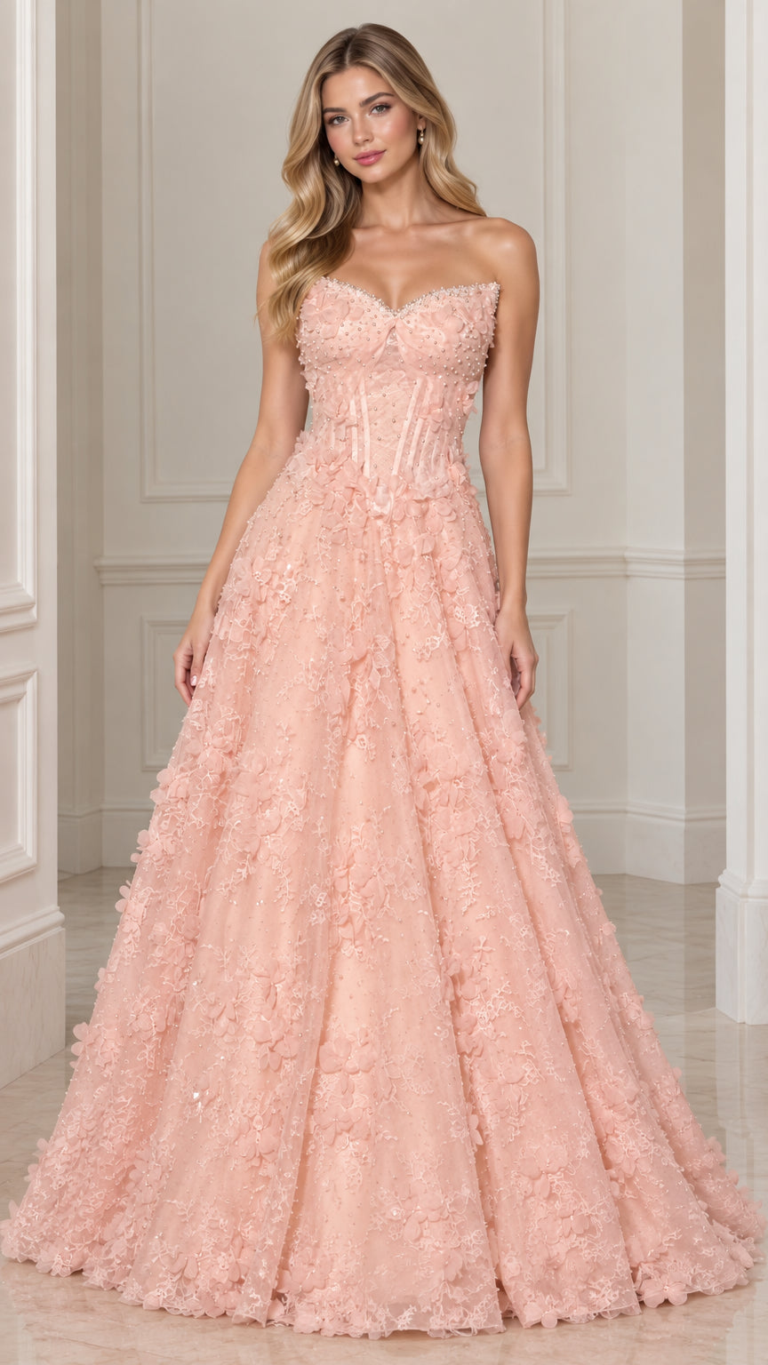 Front view of model wearing Blush Pink strapless sweetheart 3D floral corset evening gown