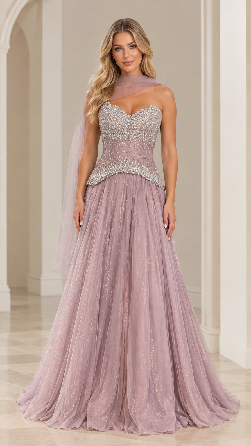 Full front view of strapless dusty mauve evening gown with beaded corset bodice and matching neck scarf