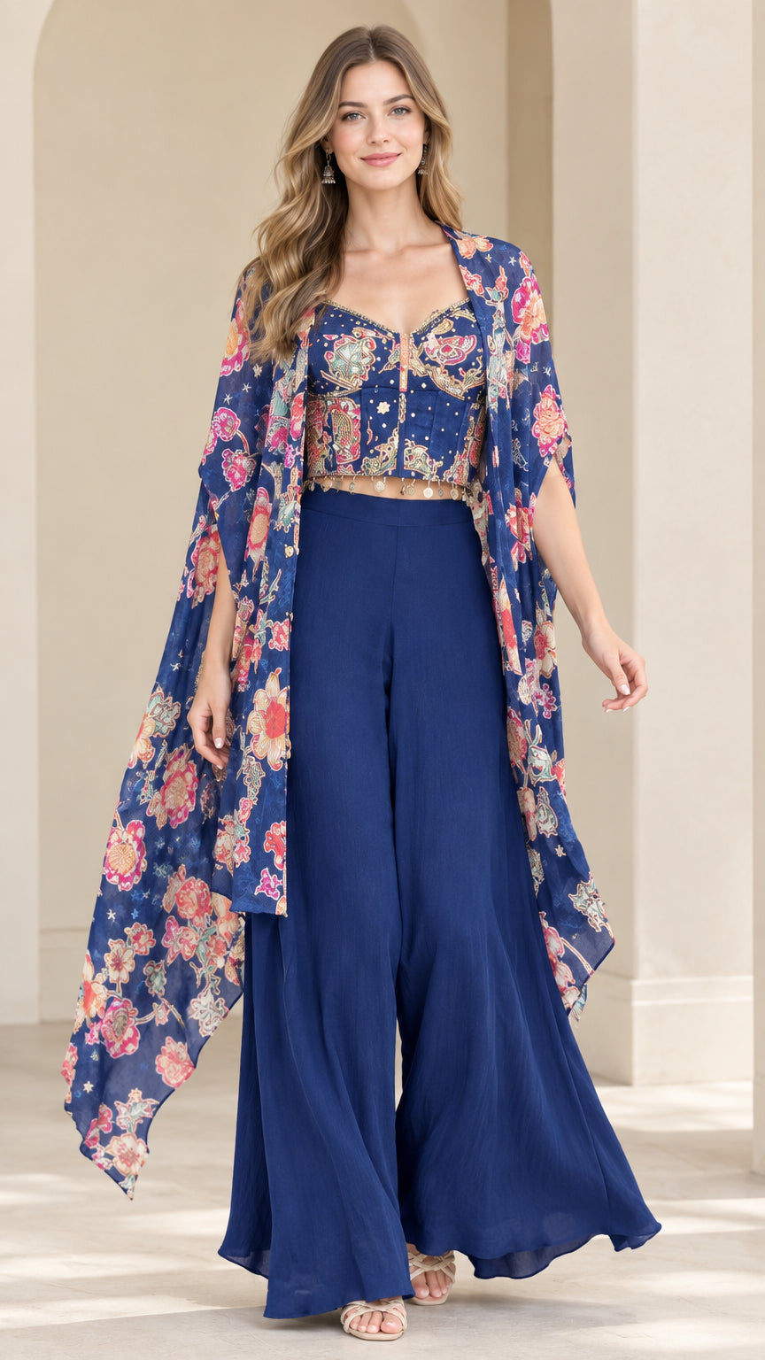 Front full-length view of royal blue 3-piece floral cape top and palazzo pants set