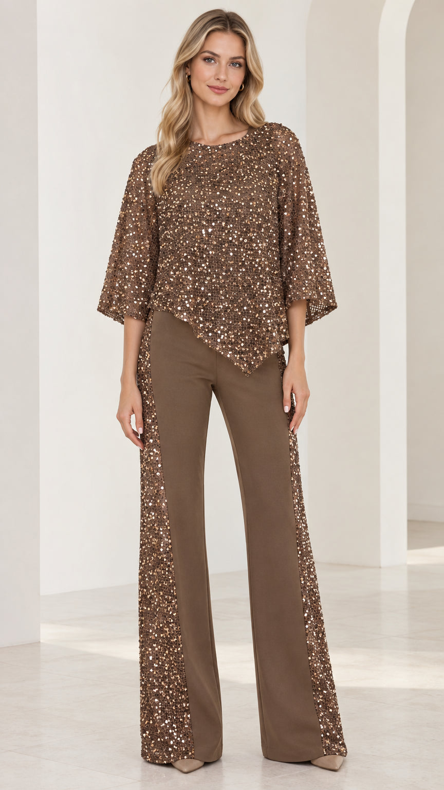 Full front view of women's mocha brown sequin poncho top and matching wide leg pants set