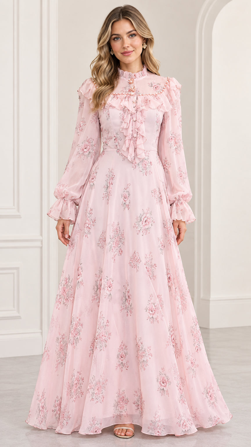 Full-length front view of woman wearing blush pink floral high-neck maxi dress with long sleeves