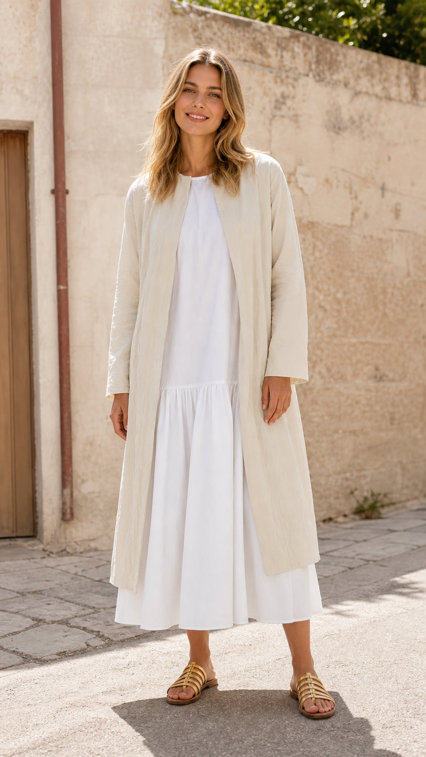 Woman wearing beige open front longline duster coat over white dress, front view