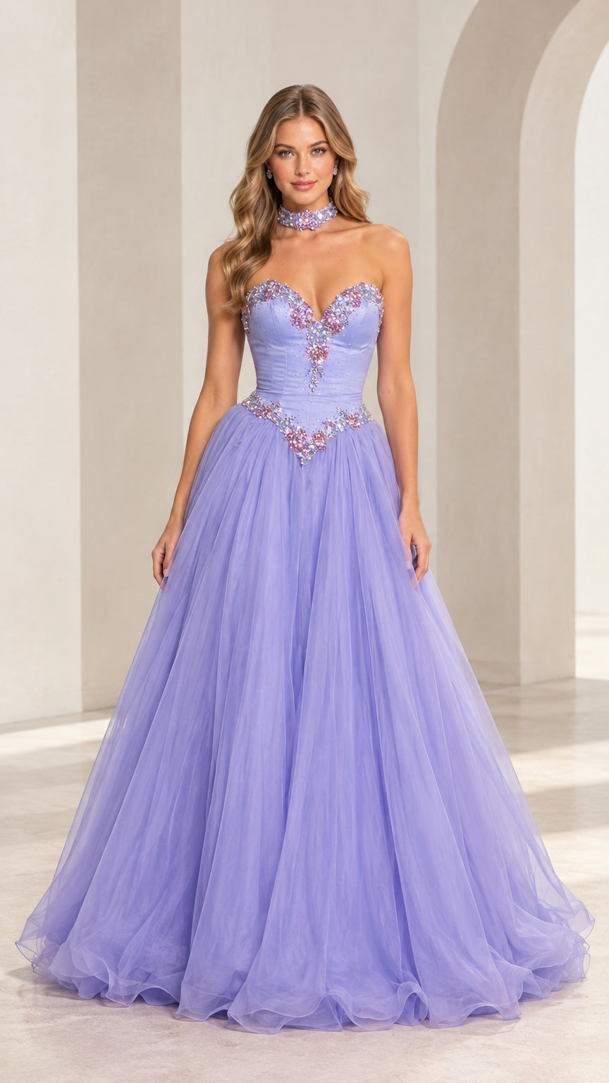 Front view of model wearing lavender strapless sweetheart tulle ball gown with beaded details and matching choker