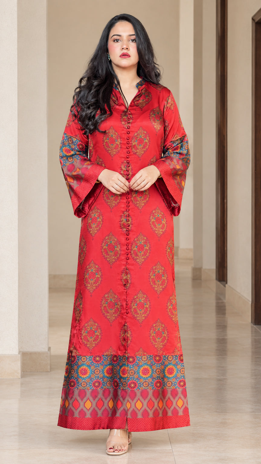 Front full-length view of woman wearing red ethnic print maxi kaftan dress with bell sleeves
