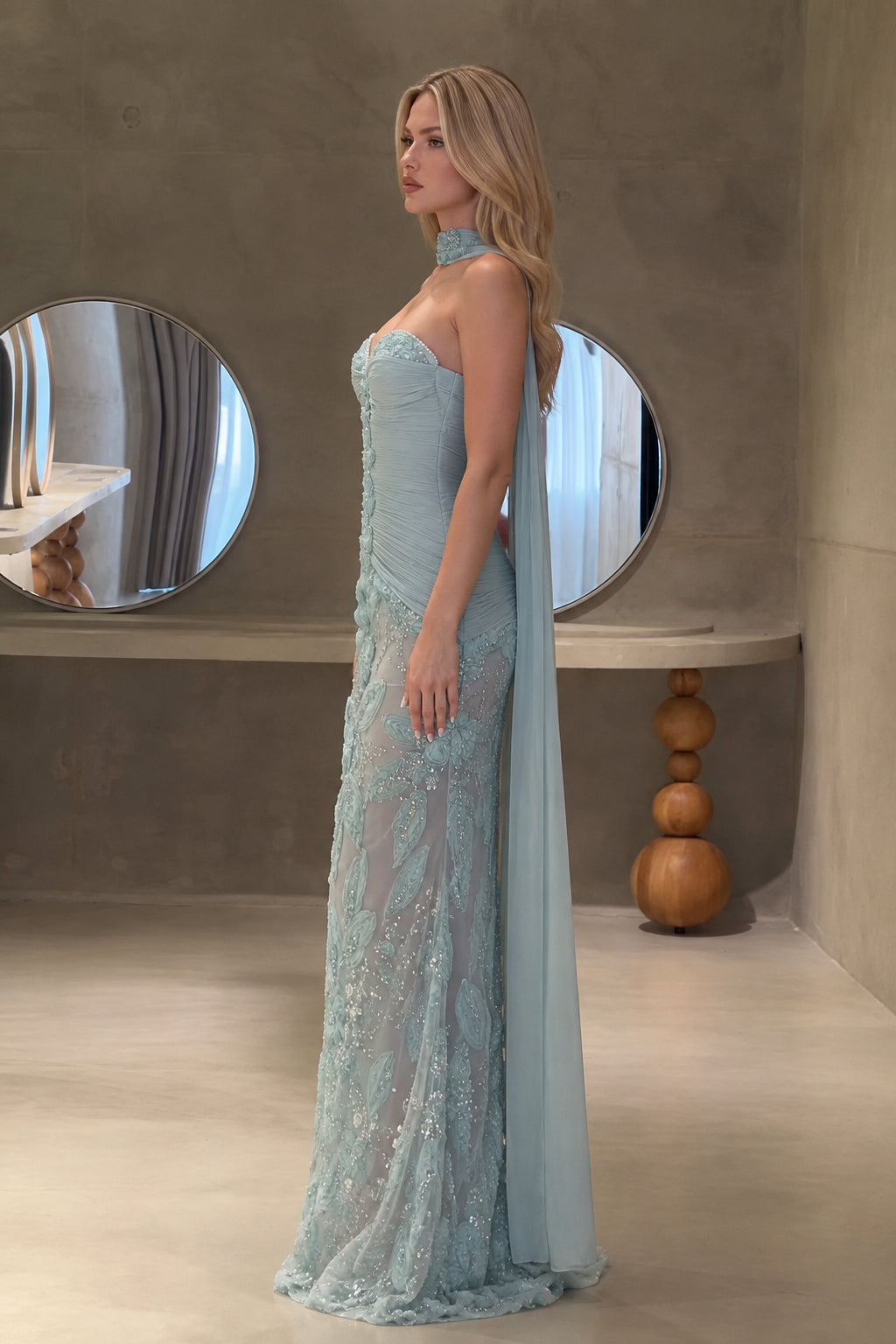 Dusty blue mermaid formal dress with chiffon cape - side profile view