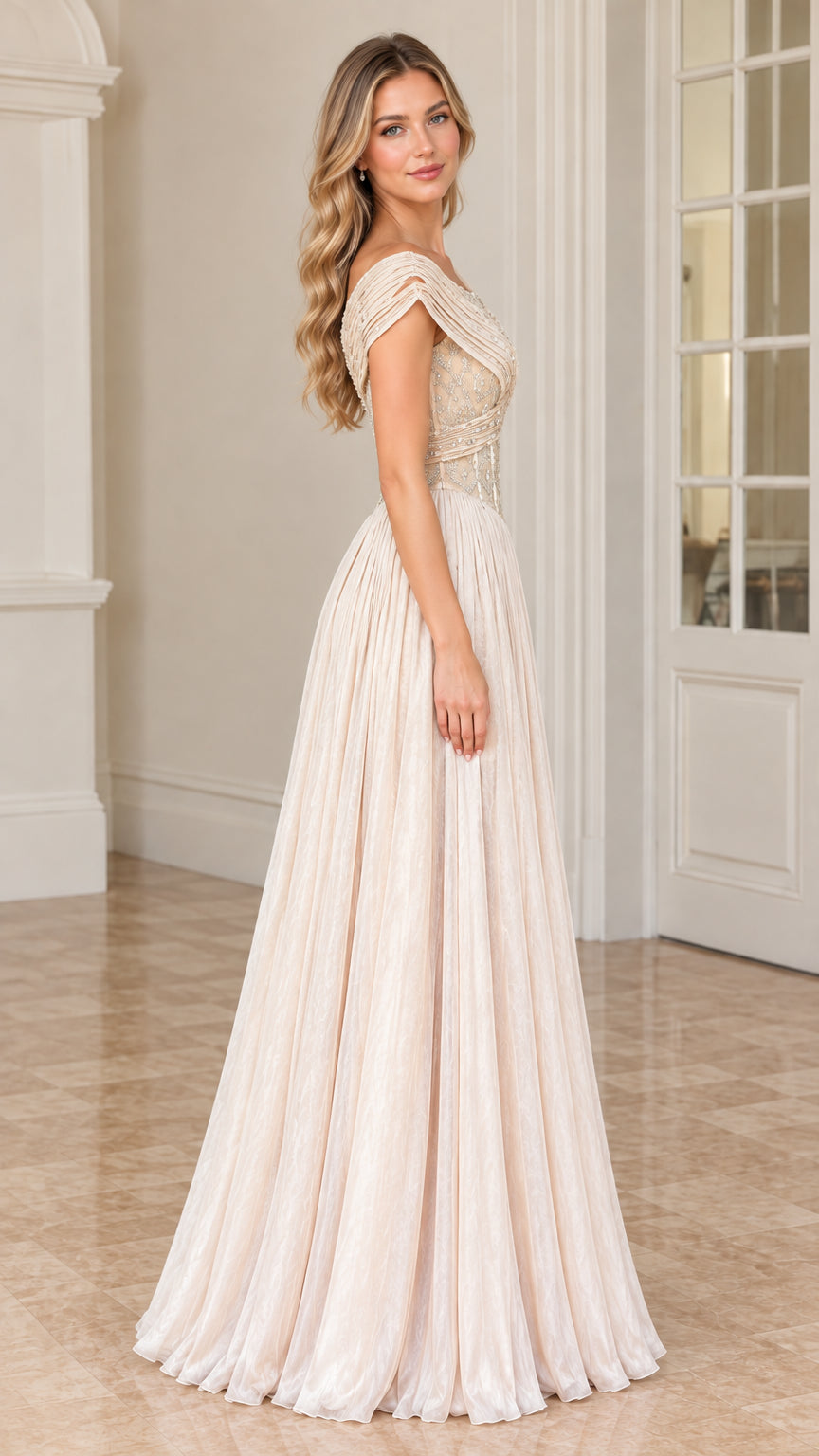 Side profile of model in Champagne one-shoulder formal A-line maxi dress