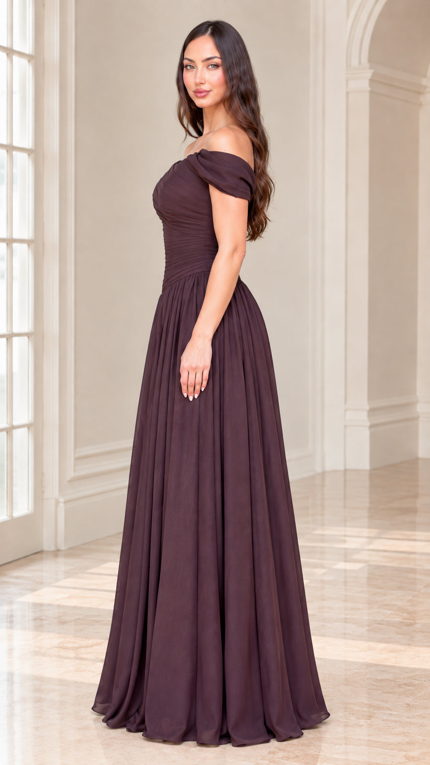 Side profile of model wearing plum off-the-shoulder evening gown