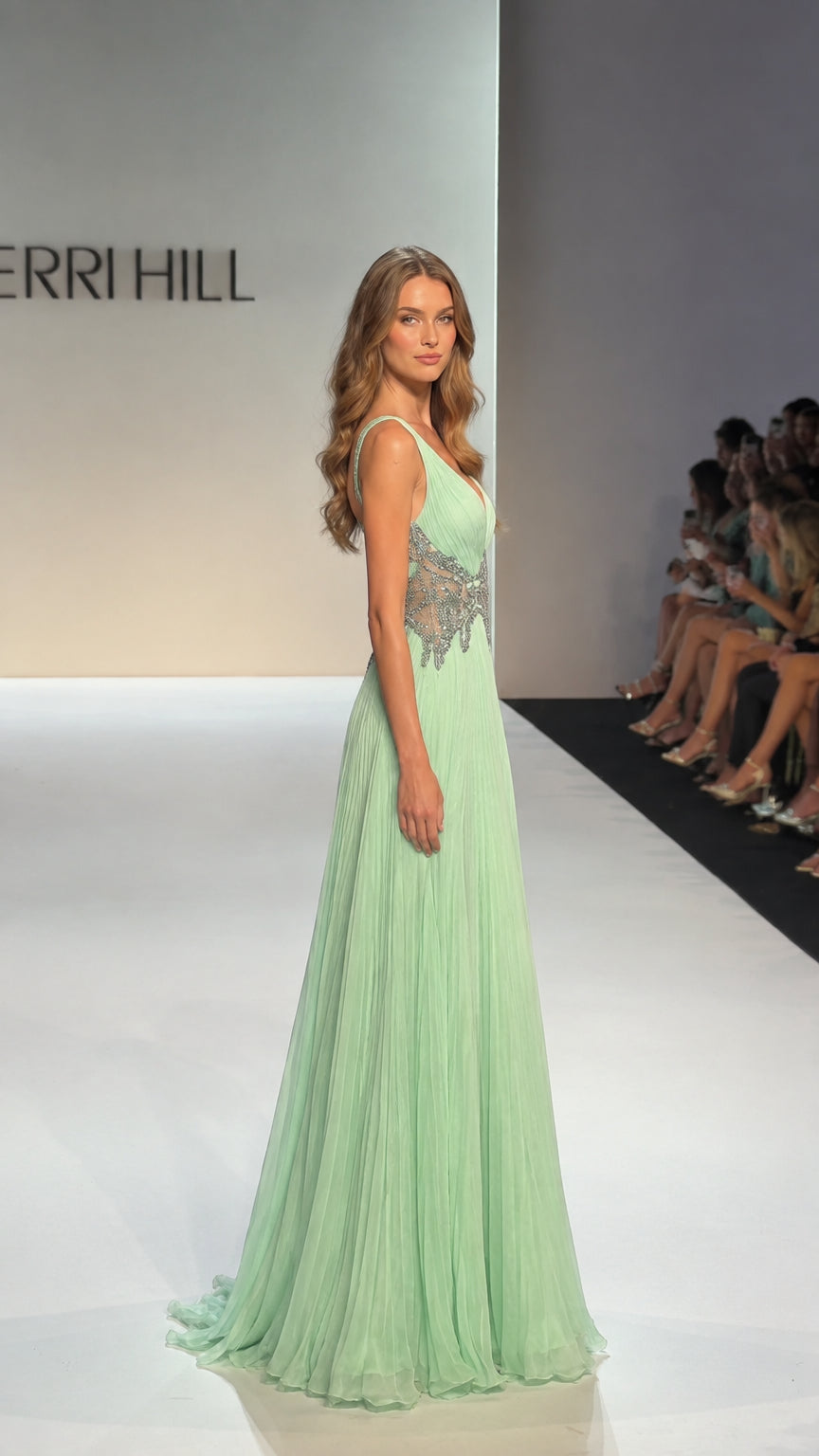 Mint green sleeveless pleated formal gown shown from the side