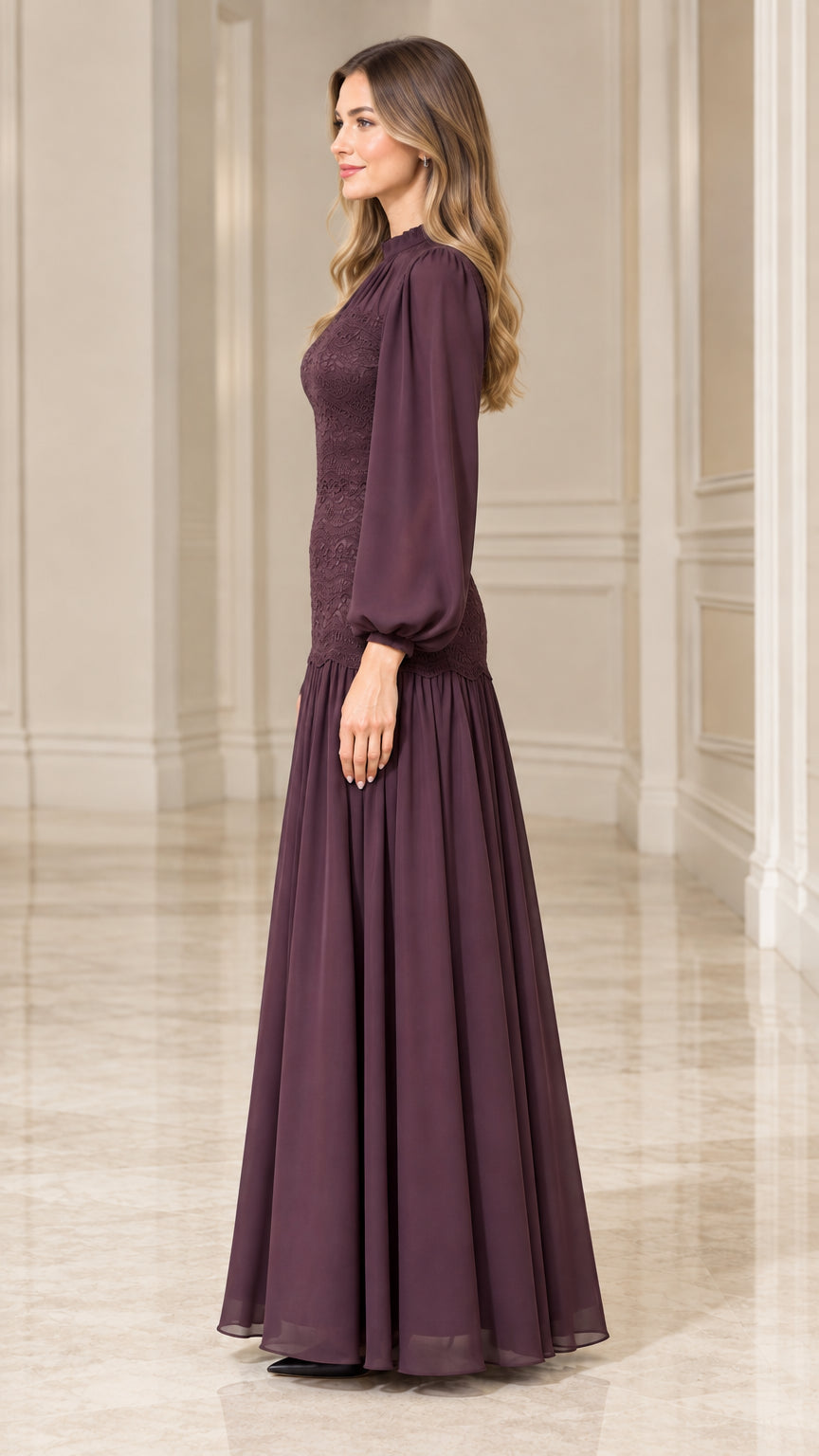 Side view of woman wearing Plum mock neck lace bodice chiffon maxi dress