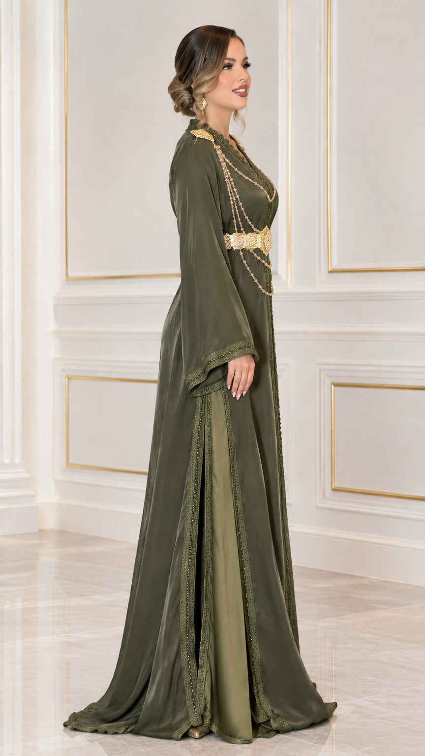 Side angle view of Olive Green embellished caftan gown showing slit layer