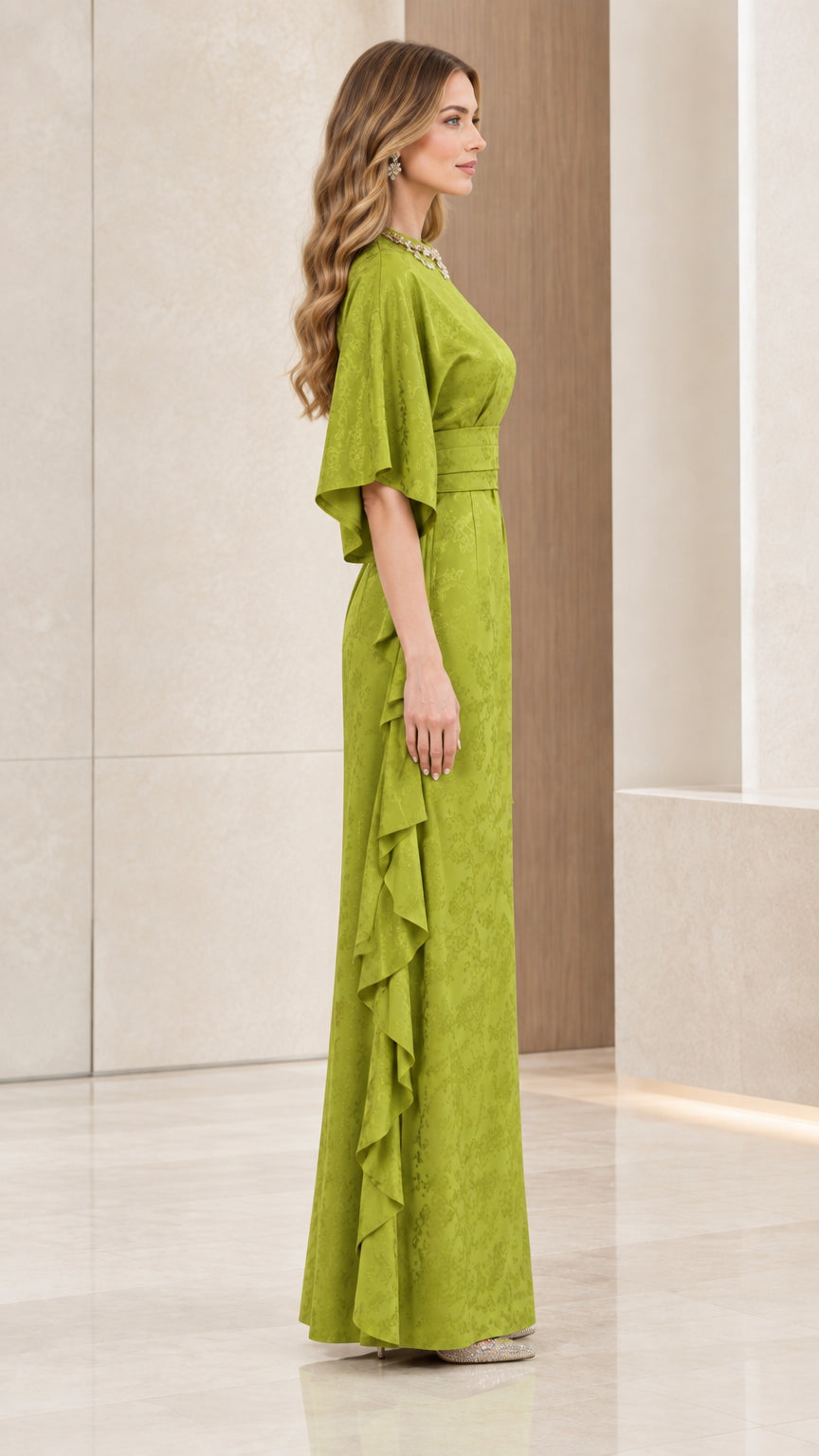 Side profile of olive green formal maxi dress showing cascading side ruffle