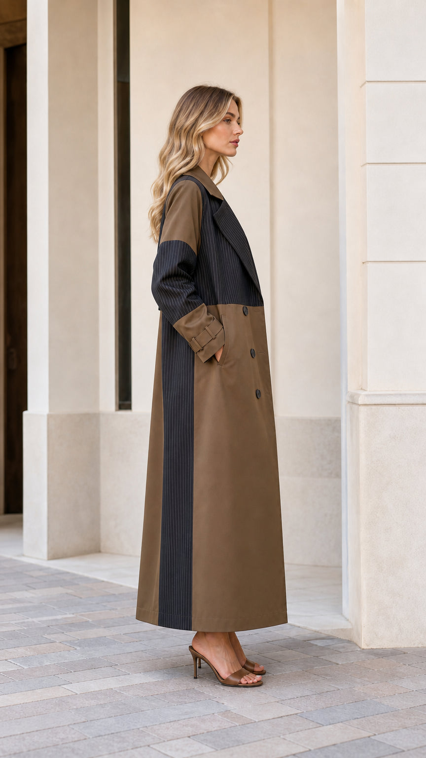 Side profile of woman in Mocha Brown patchwork longline trench coat