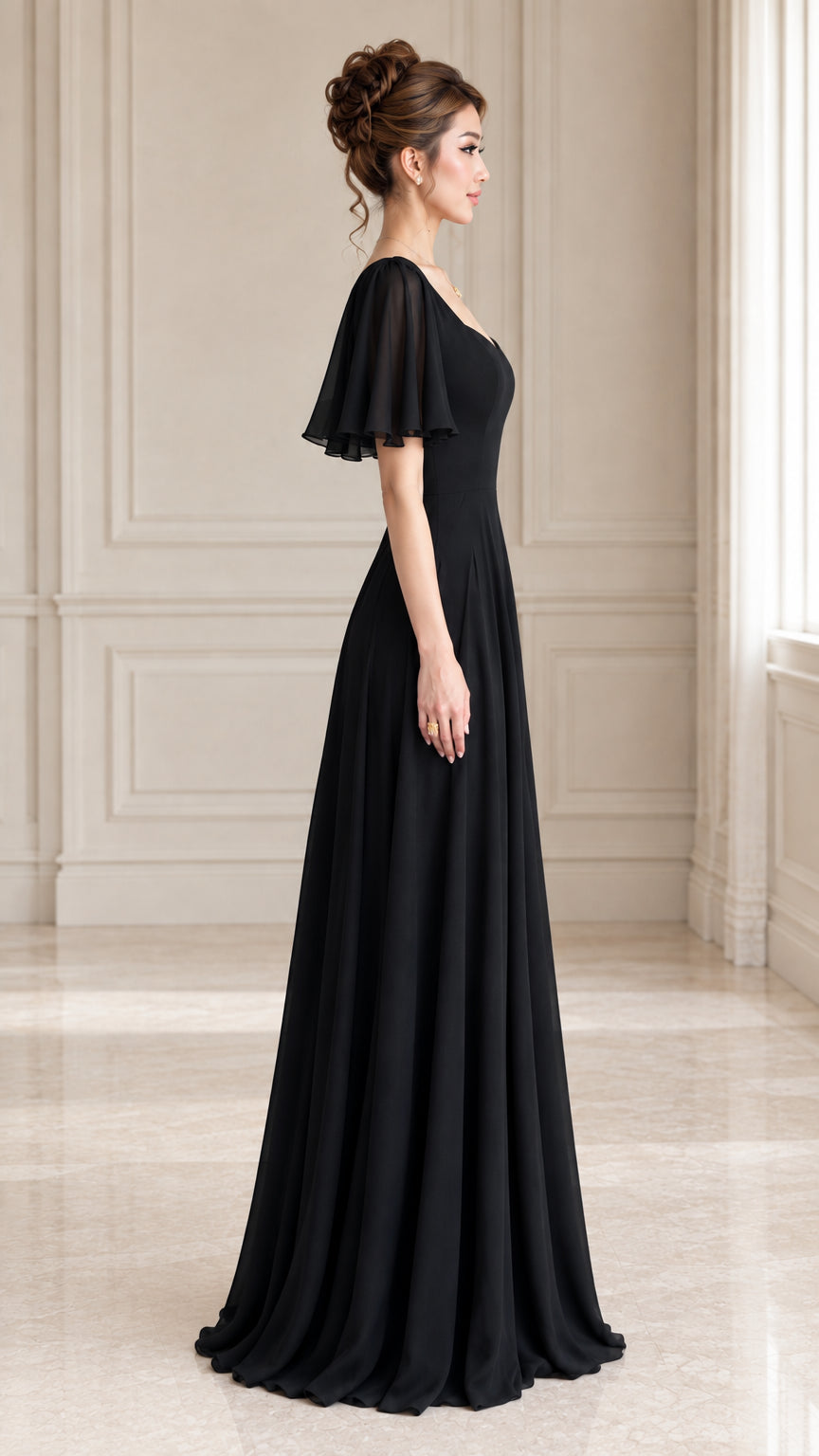 Side profile of black chiffon evening maxi dress with flutter sleeves