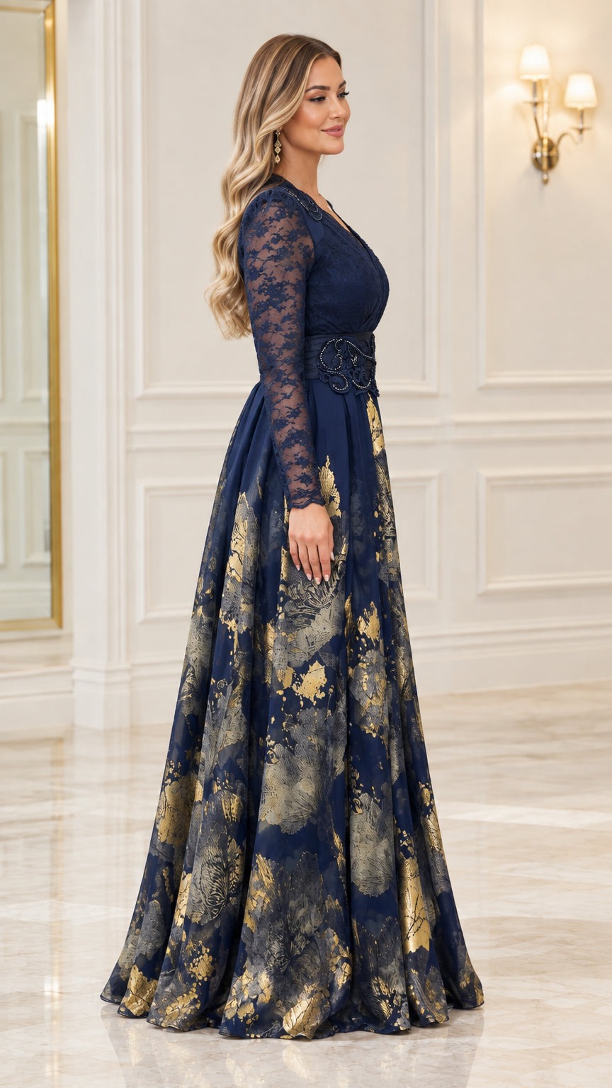 Side 3-quarter view of navy blue long sleeve formal maxi dress