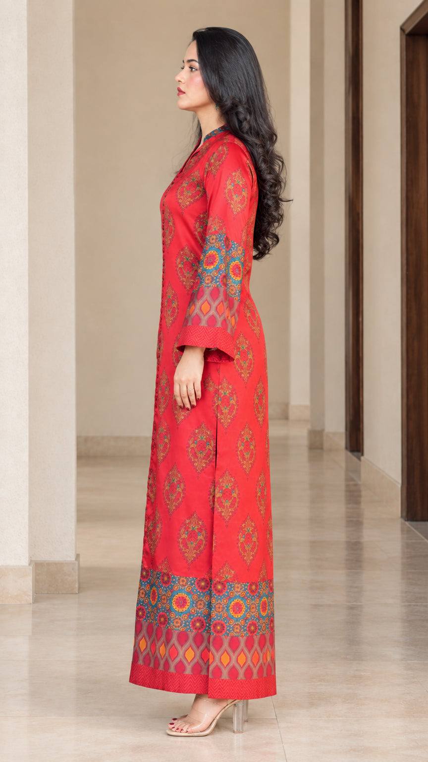 Side full-length view of woman wearing red printed maxi dress
