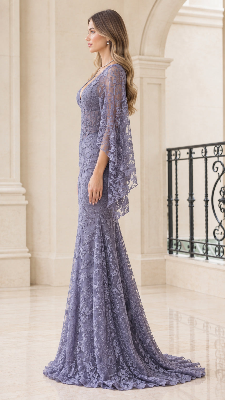 Side profile of Dusty Lavender cape sleeve lace mermaid gown showing fitted silhouette