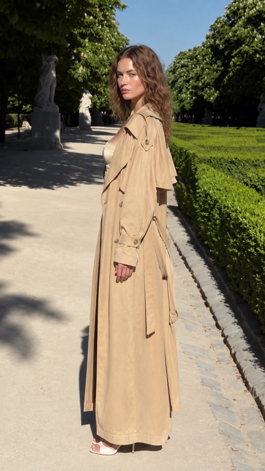Side profile view of women's beige full-length trench coat ensemble