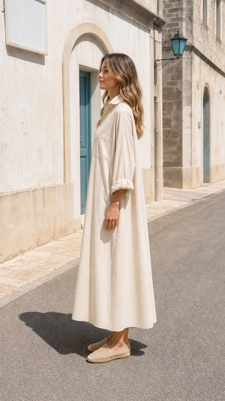 Side view of woman wearing beige shirt dress in historic alleyway