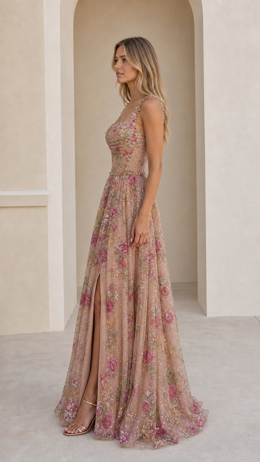 Side profile of Dusty Rose floral sequined evening gown highlighting side slit and floor length drape