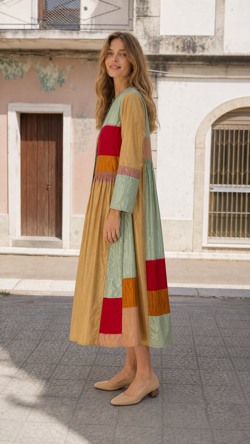 Side view of woman wearing olive boho colorblock midi dress
