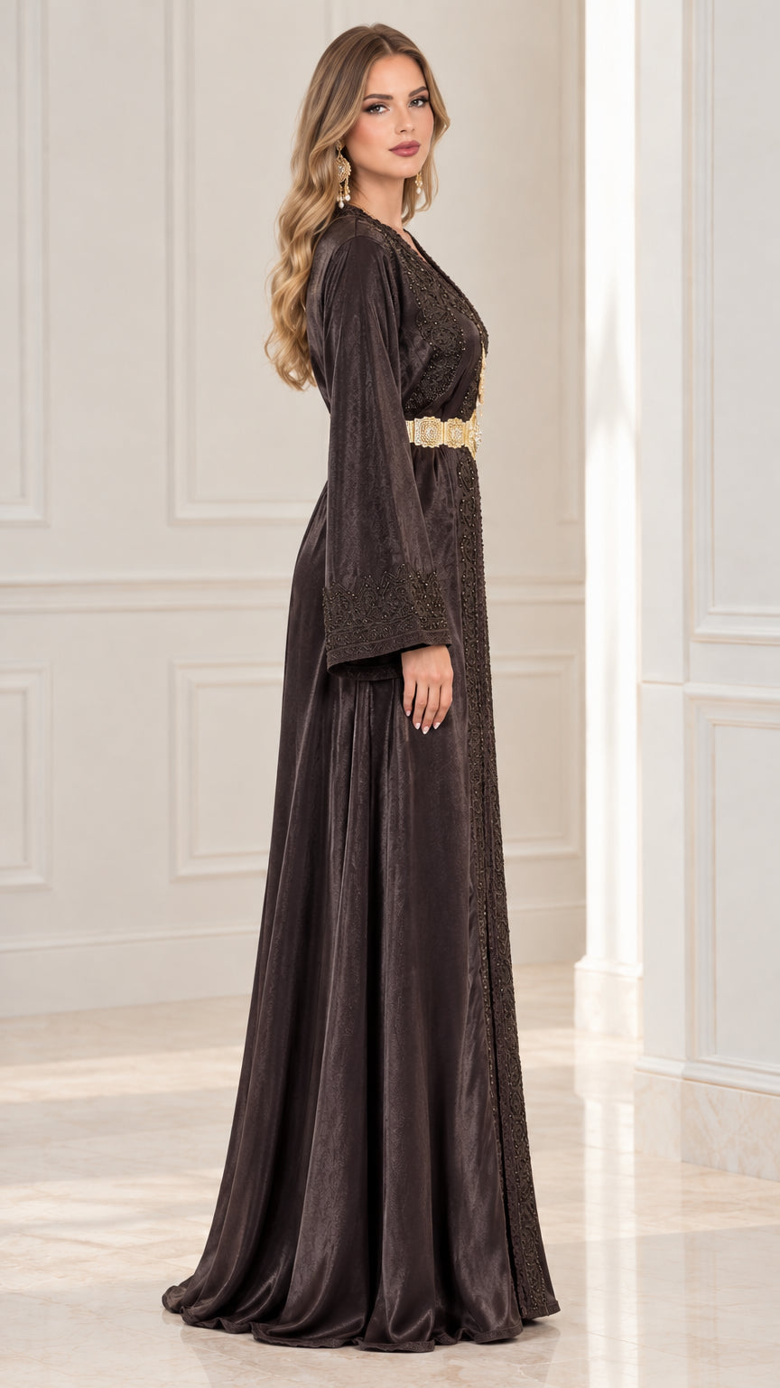 Side 3/4 angle of flowing black satin kaftan gown