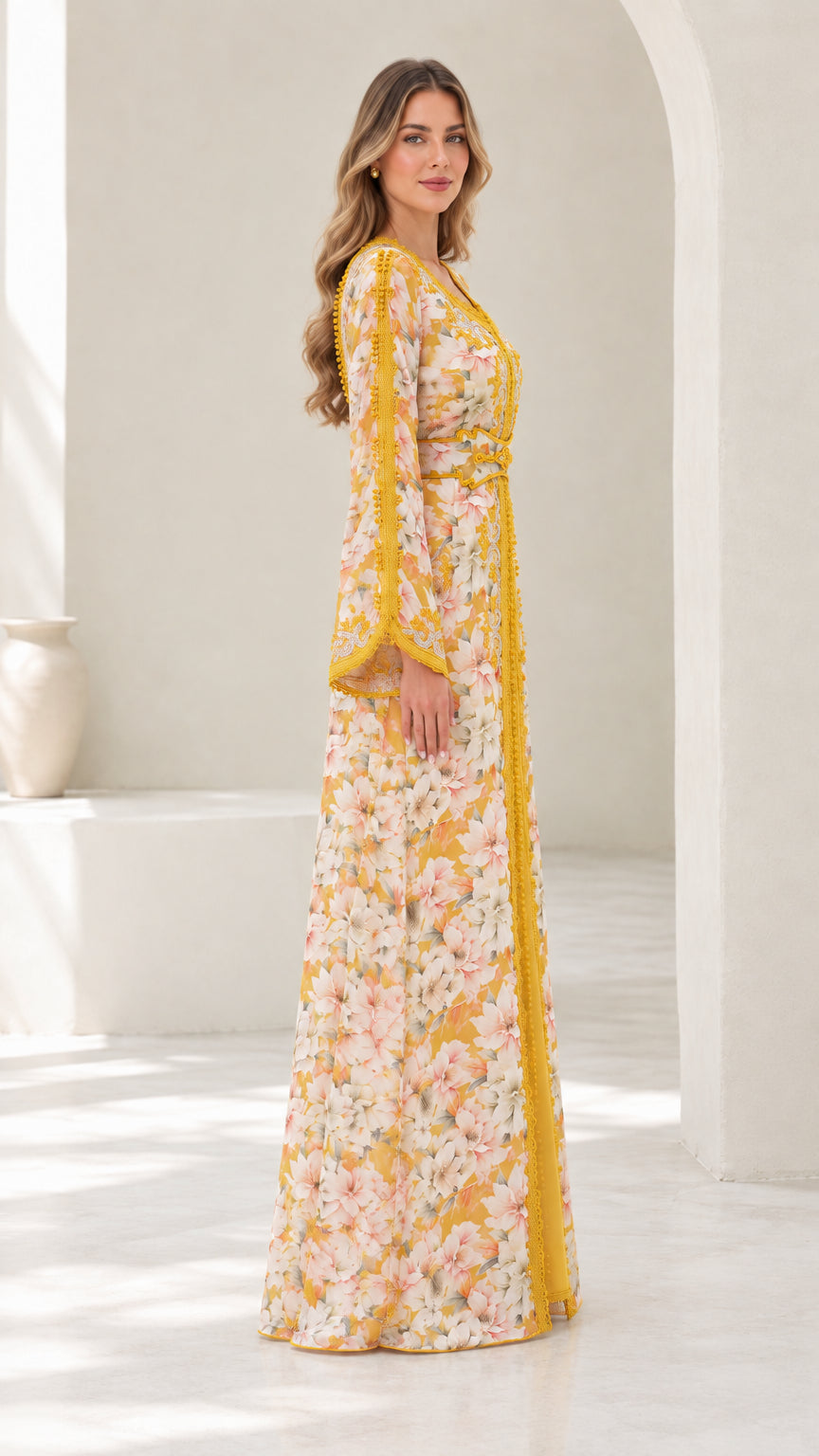 Side profile view of model wearing mustard yellow floral belted caftan dress