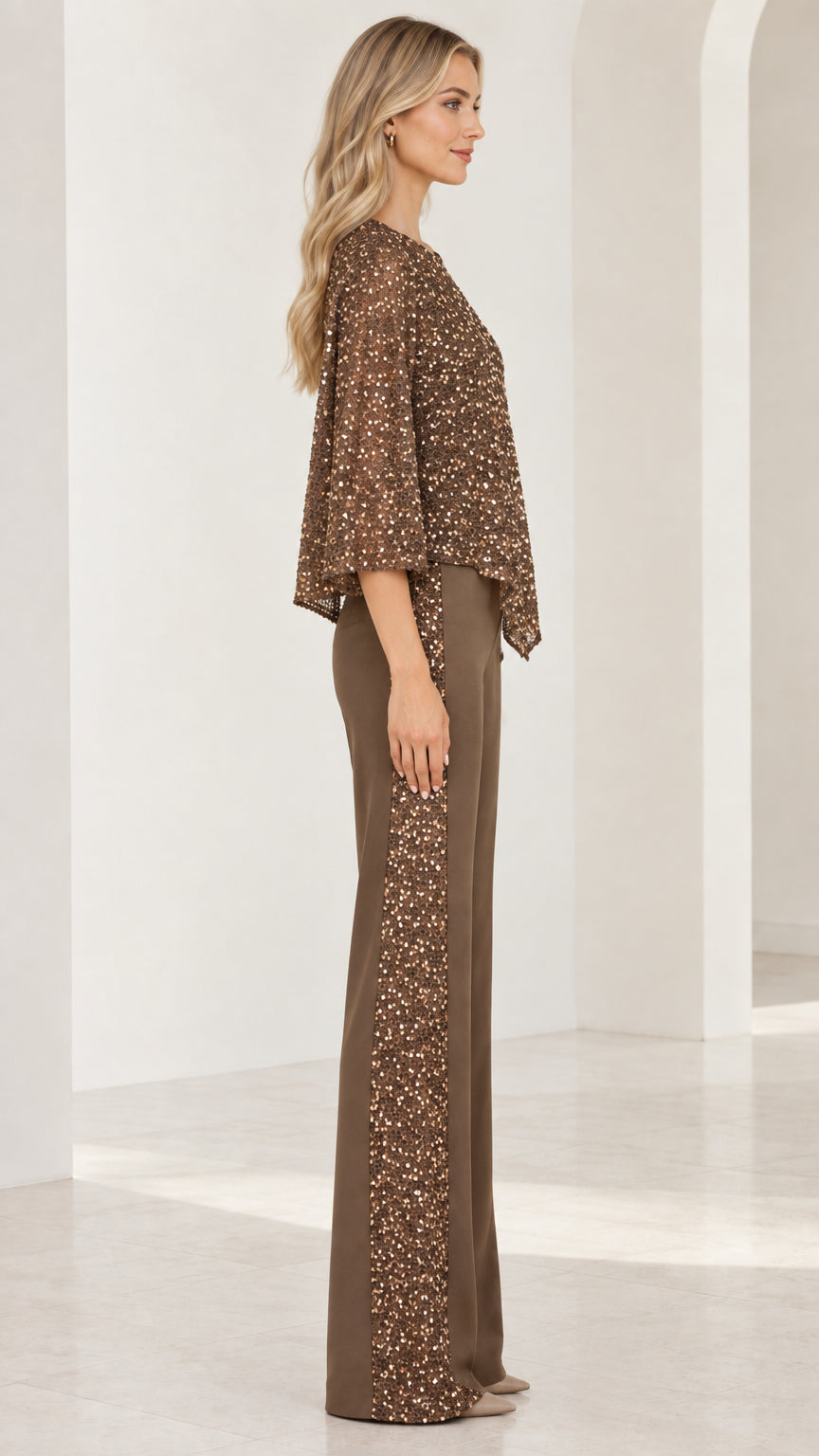 Side profile view of mocha brown formal two-piece pant suit with sequin detail
