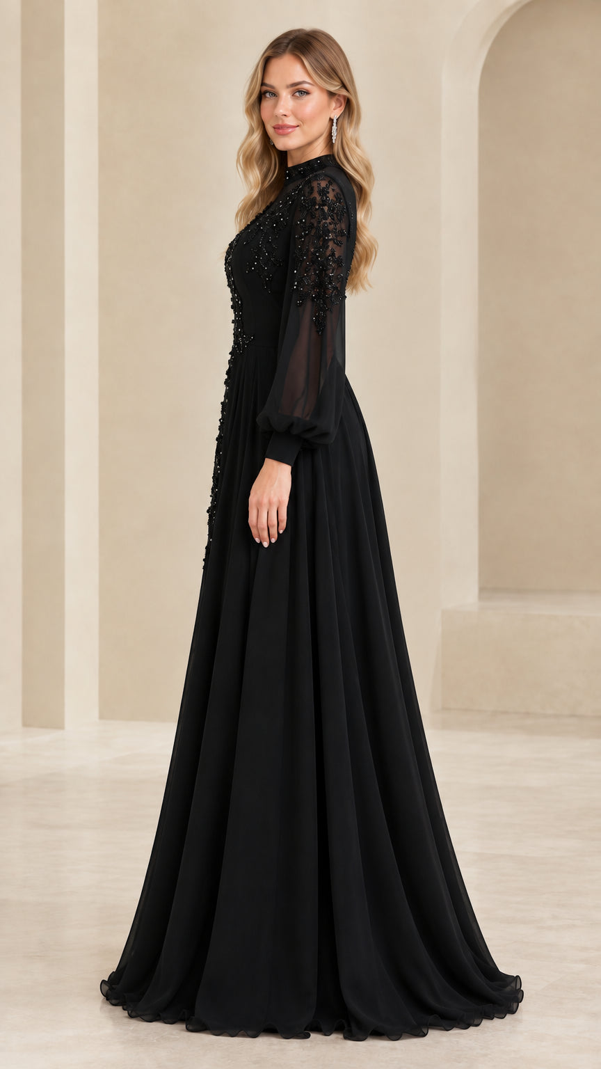 Side 3/4 view of black chiffon long sleeve formal dress with sequin details