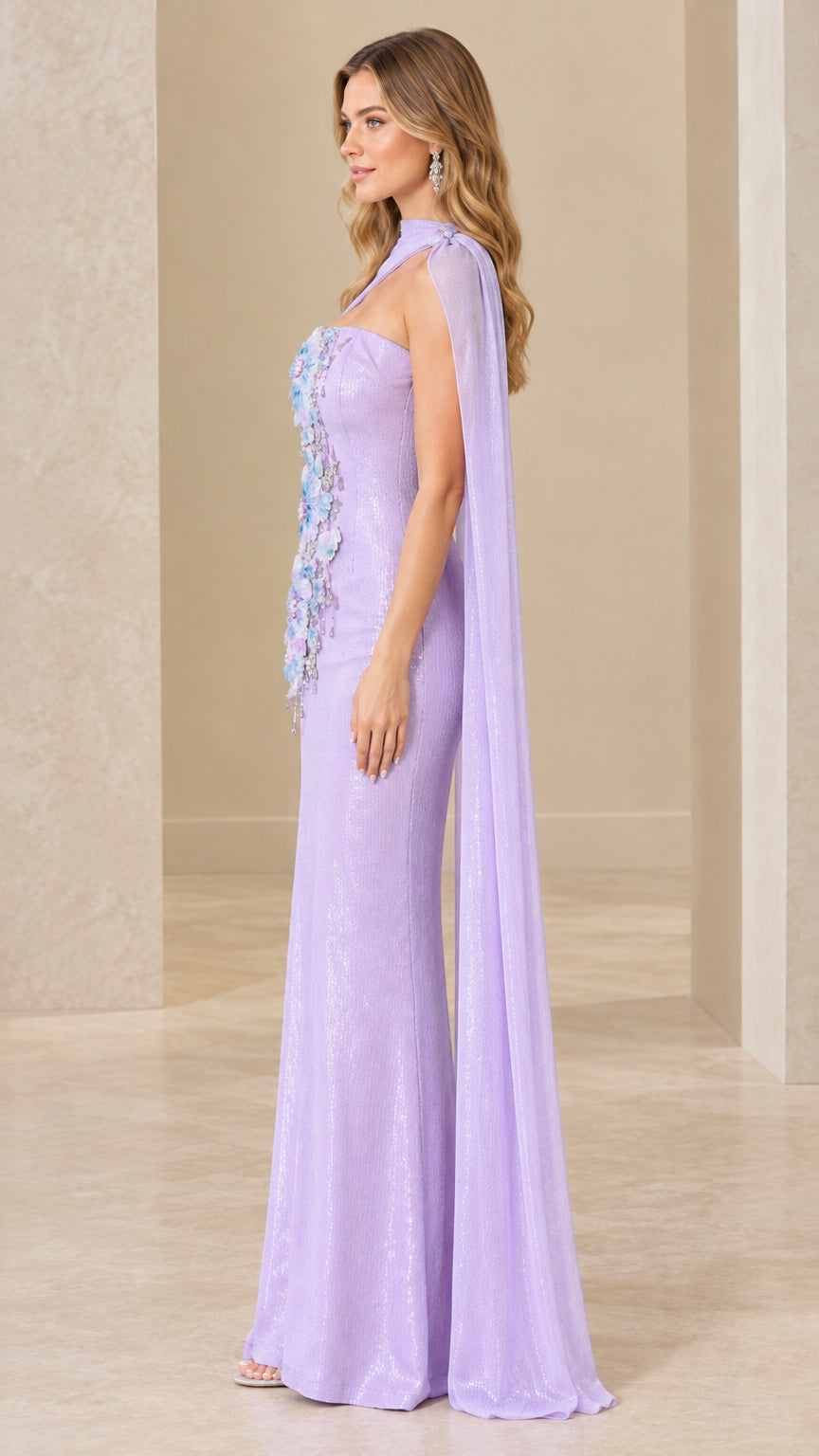 Side profile of lavender formal cape gown showcasing column silhouette